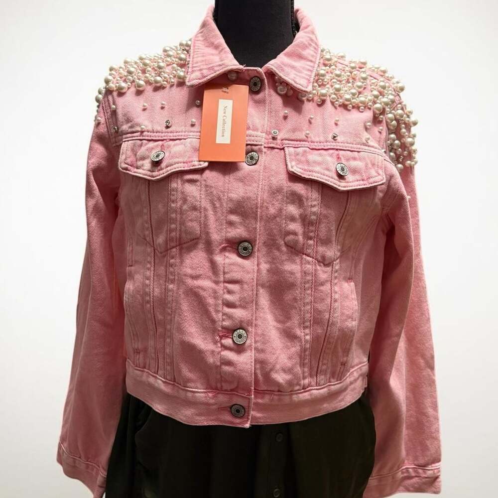 Pink Denim Jacket Rhinestone Pearls - Picture 2 of 8